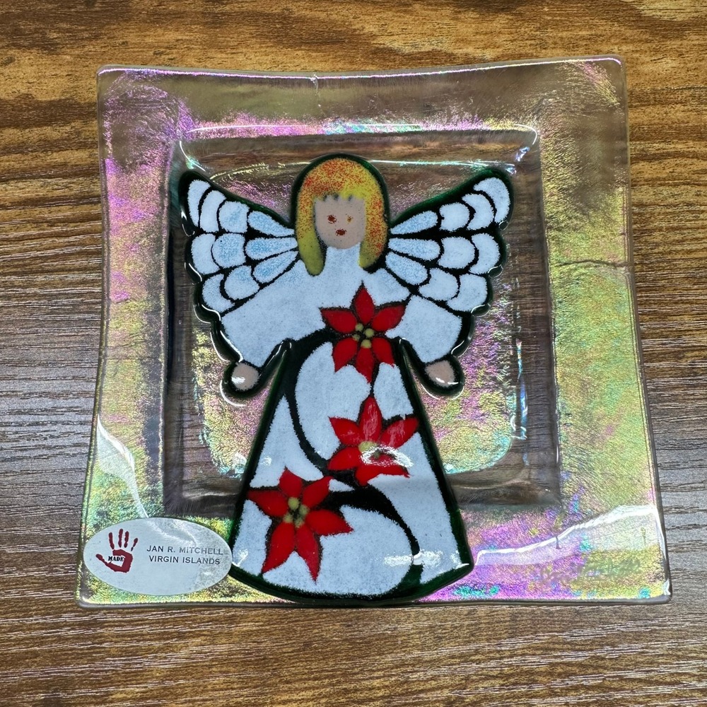 Jan R Mitchell Virgin Islands Fused Glass Angel Poinsettia Iridescent Dish 6in